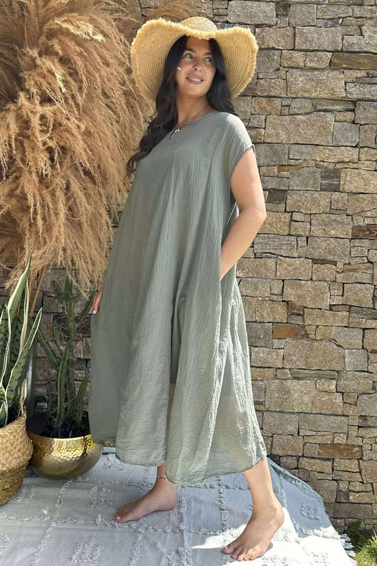 Made in Italy Sa Caleta Cotton Cap Sleeve Pocket Midaxi Dress Khaki